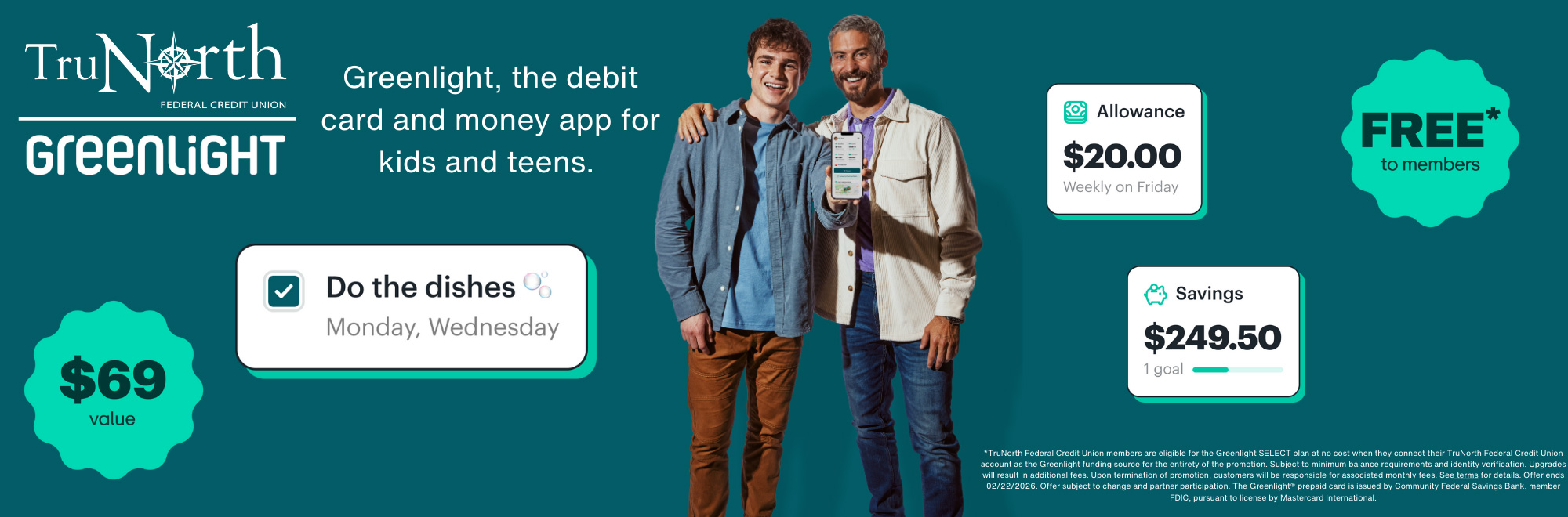 TruNorth FCU members get Greenlight SELECT free when they use their TruNorth FCU account as the funding source. Conditions apply.
