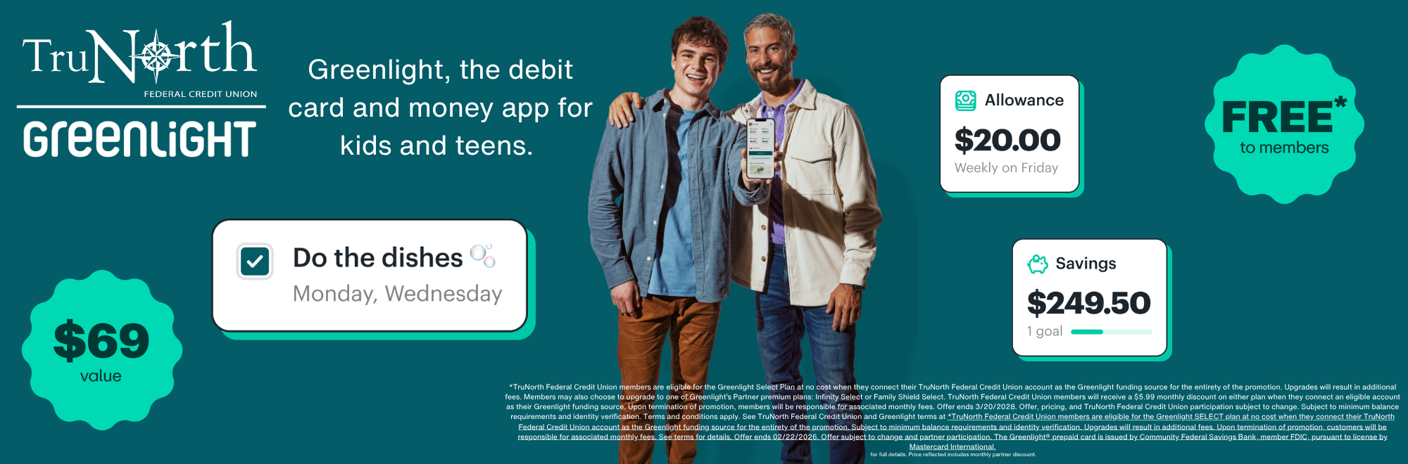 Greenlight is free for members when they connect their TruNorth Federal Credit Union account as the Greenlight funding source.